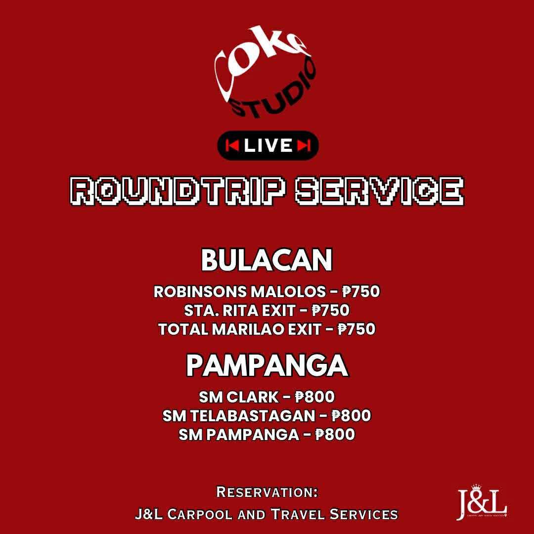 Carpool ~ roundtrip concert service for #CokeStudioLive is still ongoing 🥰

Coke Studio Live: Season 9
📆 Sept 5, 2025
📍 Araneta Coliseum

BOOK HERE: forms.gle/zVgVtFaynPybK9…

Batangas ~Laguna ~Cavite ~Metro Manila ~ Bulacan ~Pampanga #CokeStudioSeason9 #CokeStudioPH #BINI #Lauv