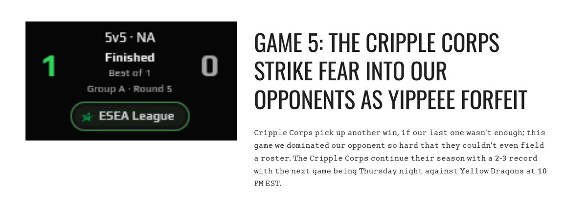 CrippleCorps's tweet photo. Our opponents YIPPEEE forfeit tonight's ESEA Main match and our team improves to a 2-3 record!
We face my brethren the Yellow Dragons this Thursday at 10 PM EST.
Let's even out our record to close the week, let's go Cripple Corps!
#ESEA #CS2 #CRIPCO https://t.co/tvuaNwhjiM