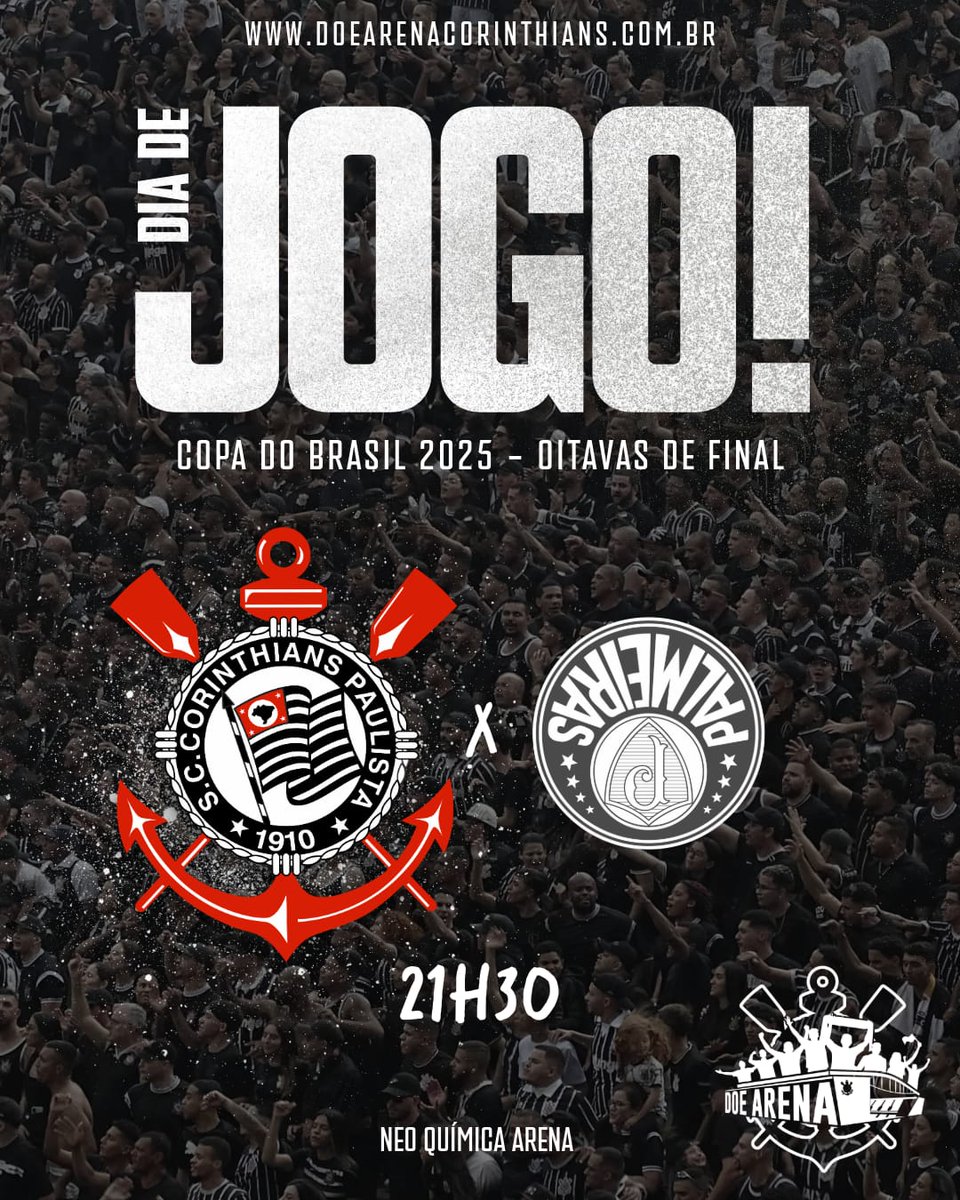 DIA DE GUERRA DENTRO DE CASA!

⚫⚪ Hoje (30/07), é Dia de Corinthians na Neo Química Arena! Às 21h30, temos mais uma batalha decisiva contra os porcos pelo jogo de ida das oitavas de final da Copa do Brasil 2025.

Quem for ao jogo já sabe da missão: são 90 minutos soltando a voz