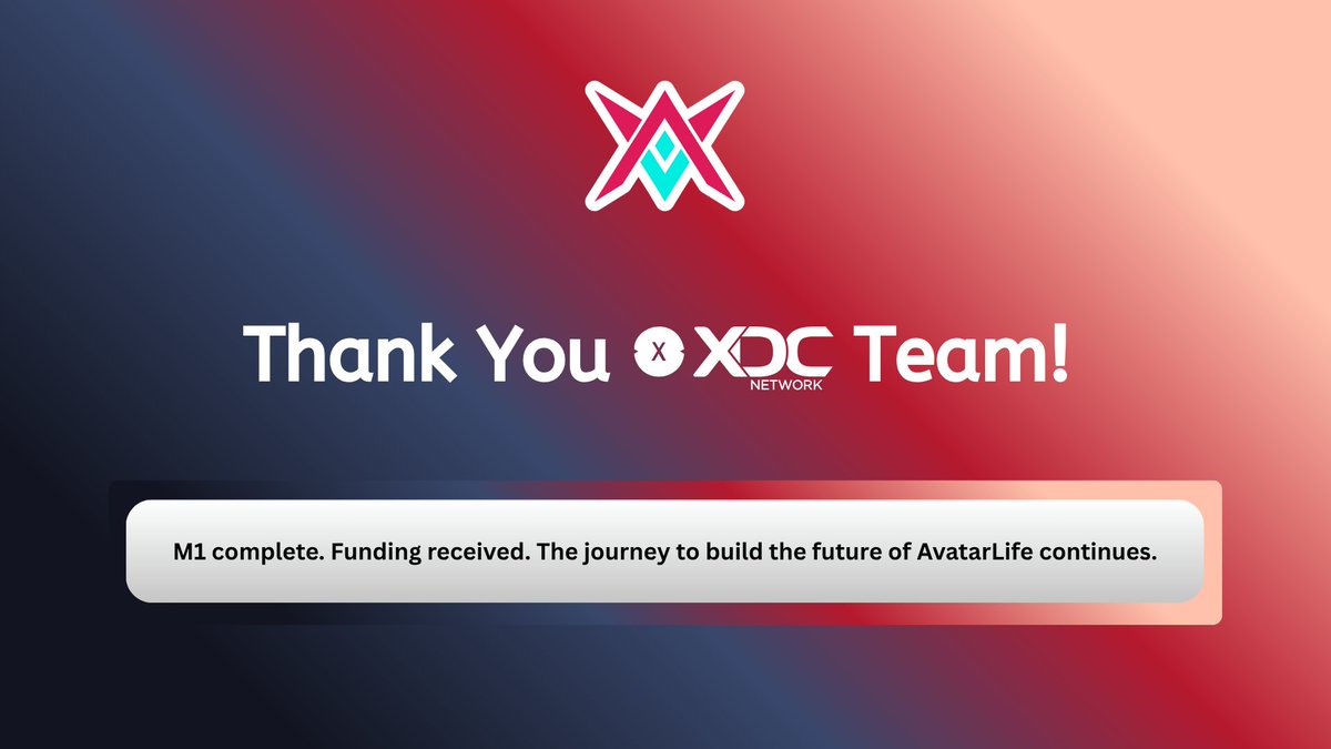 AvatarLife | We're Hiring (@avatarlifegames) on Twitter photo We’re proud to share that Milestone 1 is complete and funding has been received on the <a href="/XDC_Network_/">XDC Network</a> ✅
Huge thanks to the #XDC team for the support. This is a big step forward for AvatarLife as we continue building on XDC Mainnet.
#Crypto #Web3 We’re proud to share that Milestone 1 is complete and funding has been received on the <a href="/XDC_Network_/">XDC Network</a> ✅
Huge thanks to the #XDC team for the support. This is a big step forward for AvatarLife as we continue building on XDC Mainnet.
#Crypto #Web3