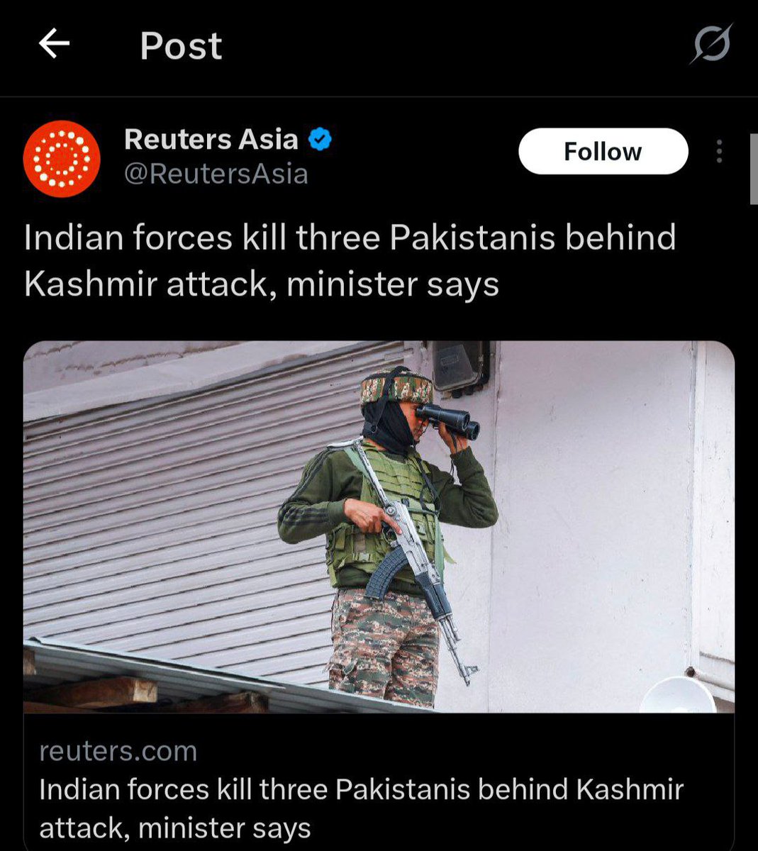 Cyber Huntss (@cyber_huntss) on Twitter photo Reuters❌
Chooters ✅
भारतीय सुरक्षाबलों ने पहलगाम आतंकी हमले के लिए ज़िम्मेदार तीन पाकिस्तानी आतंकियों को मार गिराया है — तीन पाकिस्तानी नागरिकों को नहीं।
(तीन पाकिस्तानी नहीं, तीन पाकिस्तानी आतंकवादी मारे गए हैं)
<a href="/ReutersAsia/">Reuters Asia</a> Reuters❌
Chooters ✅
भारतीय सुरक्षाबलों ने पहलगाम आतंकी हमले के लिए ज़िम्मेदार तीन पाकिस्तानी आतंकियों को मार गिराया है — तीन पाकिस्तानी नागरिकों को नहीं।
(तीन पाकिस्तानी नहीं, तीन पाकिस्तानी आतंकवादी मारे गए हैं)
<a href="/ReutersAsia/">Reuters Asia</a>