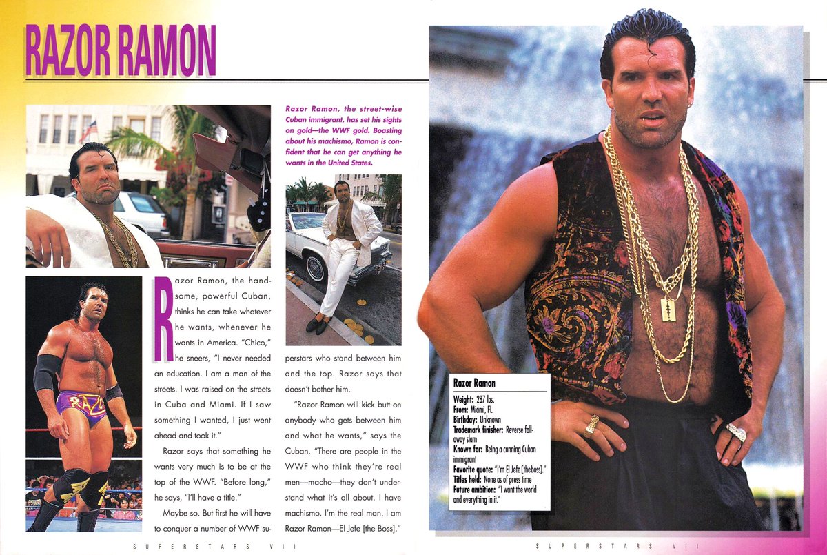 WWFWrestling1's tweet photo. Profile of Razor Ramon from the 1992 WWF Superstars VII Magazine! #WWF #WWE #Wrestling #ScottHall #RazorRamon https://t.co/nsxXudZXm5