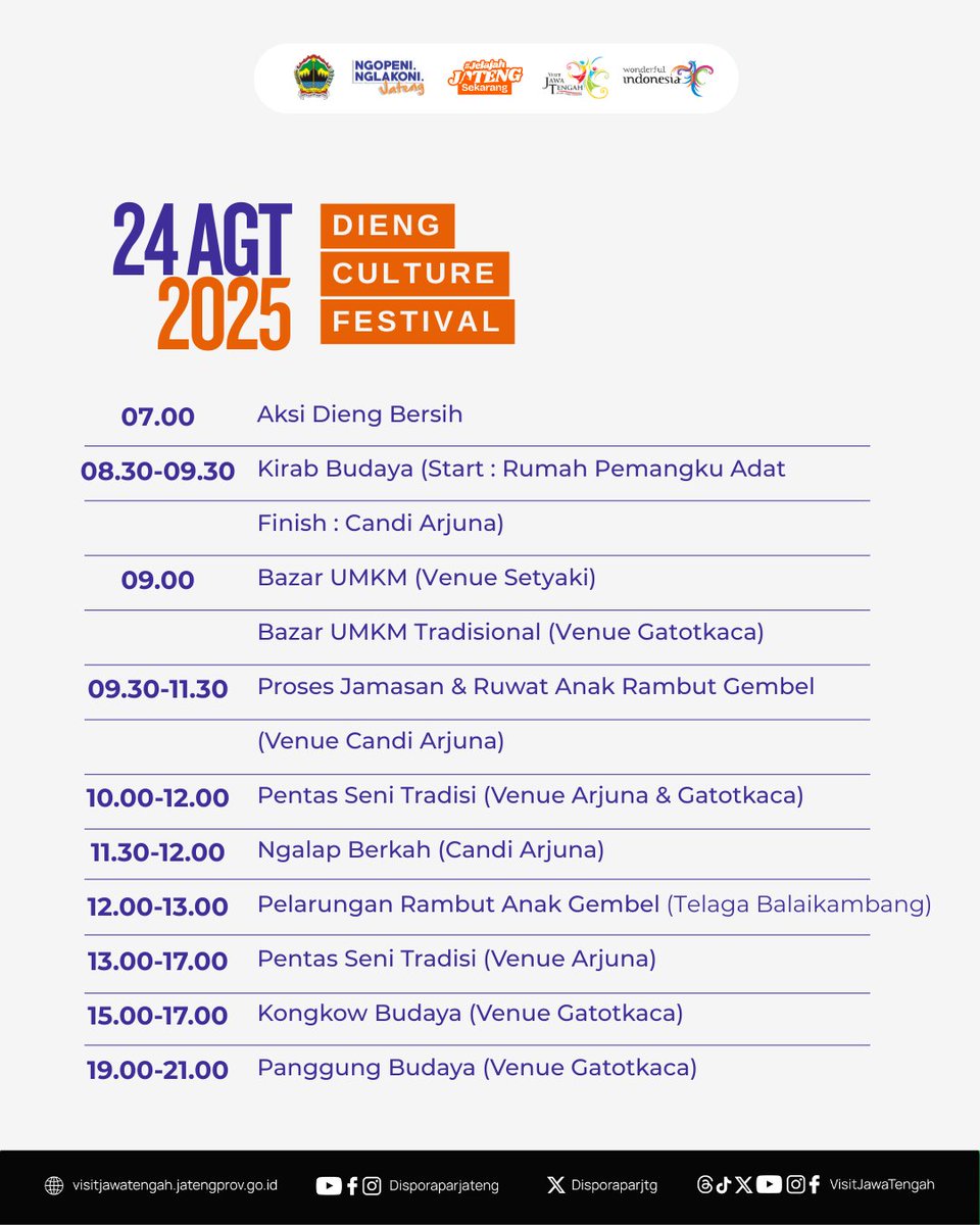 Dieng Culture Festival (DCF) 2025 kembali digelar pada 23 - 24 Agustus 2025 di kawasan Dataran Tinggi Dieng, Jawa Tengah.

Berencana datang dan ingin menikmati setiap momennya? 

Dikutip dari laman resmi festivaldieng.id, berikut ini adalah rundown selengkapnya!