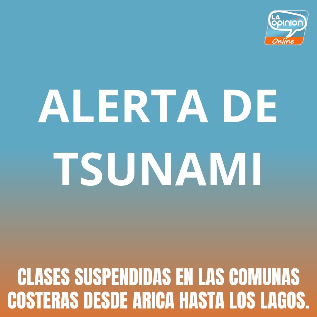Tras el terremoto M8.8 que sacudió a Rusia, se ha declarado Alerta de Tsunami en Chile. Las clases están suspendidas hoy miércoles 30 de Julio de 2025. Se esperan olas de entre 1 y 3 metros. Se evacuarán las zonas costeras hasta la cota 30, 3 horas antes del arribo de las olas.