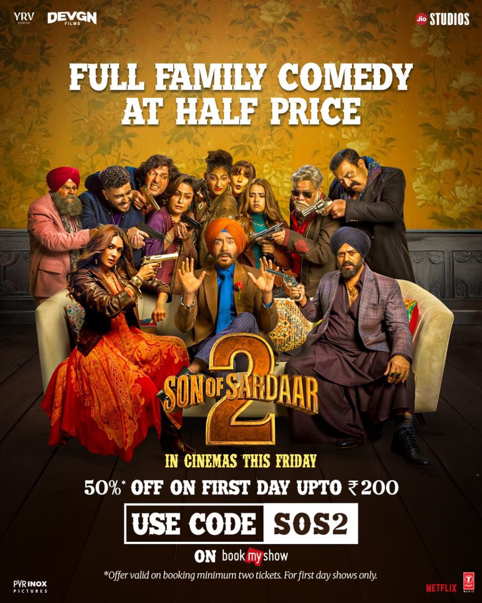 rohitjswl01's tweet image. Family ke saath laughter 100% , tickets 50% Son of Sardaar 2 Advance booking now open with a Special 50% discount offer upto ₹200/- 

Watch this Family Entertainer of the year in cinemas on 1st of August 2025

Presented by #JioStudios and #DevgnFilms, A #DevgnFilms and…