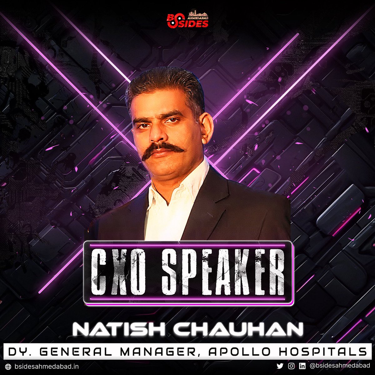 🛡️ Cyber Meets Critical Care. 🏥
When lives depend on tech, cybersecurity becomes a lifeline.

We’re proud to welcome Natish Chauhan, DY. General Manager at Apollo Hospitals, as a CXO Speaker at BSides Ahmedabad 0x6💡

From ICUs to firewalls, securing life-saving tech is no
