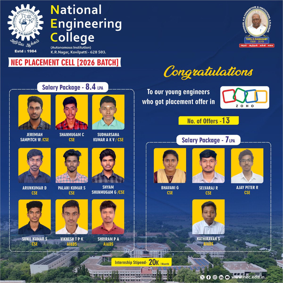 Hard work pays off! 💼 Cheers to our NEC achievers for starting their journey with Zoho! 🎉 #NECStudents #CampusPlacements #ZohoCareer