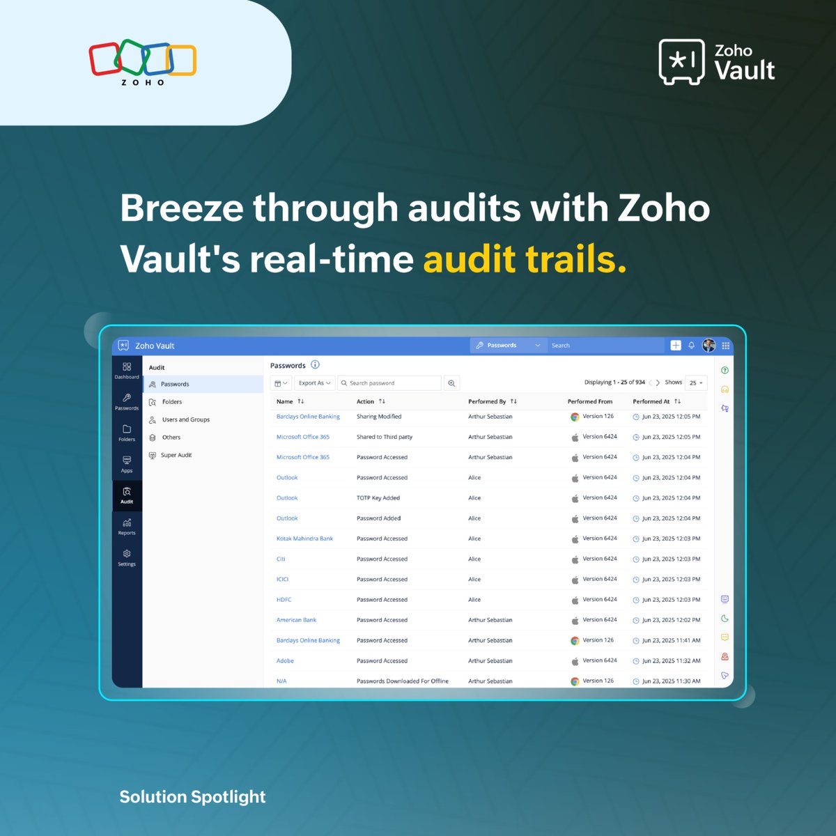 Stay audit-ready with Zoho Vault’s real-time audit trails! Effortlessly track passwords, user access, and admin activities—ensuring security and compliance for internal and external reviews. Stay in control, stay compliant! 💪

🔗 Learn more here: zurl.co/Evq2X