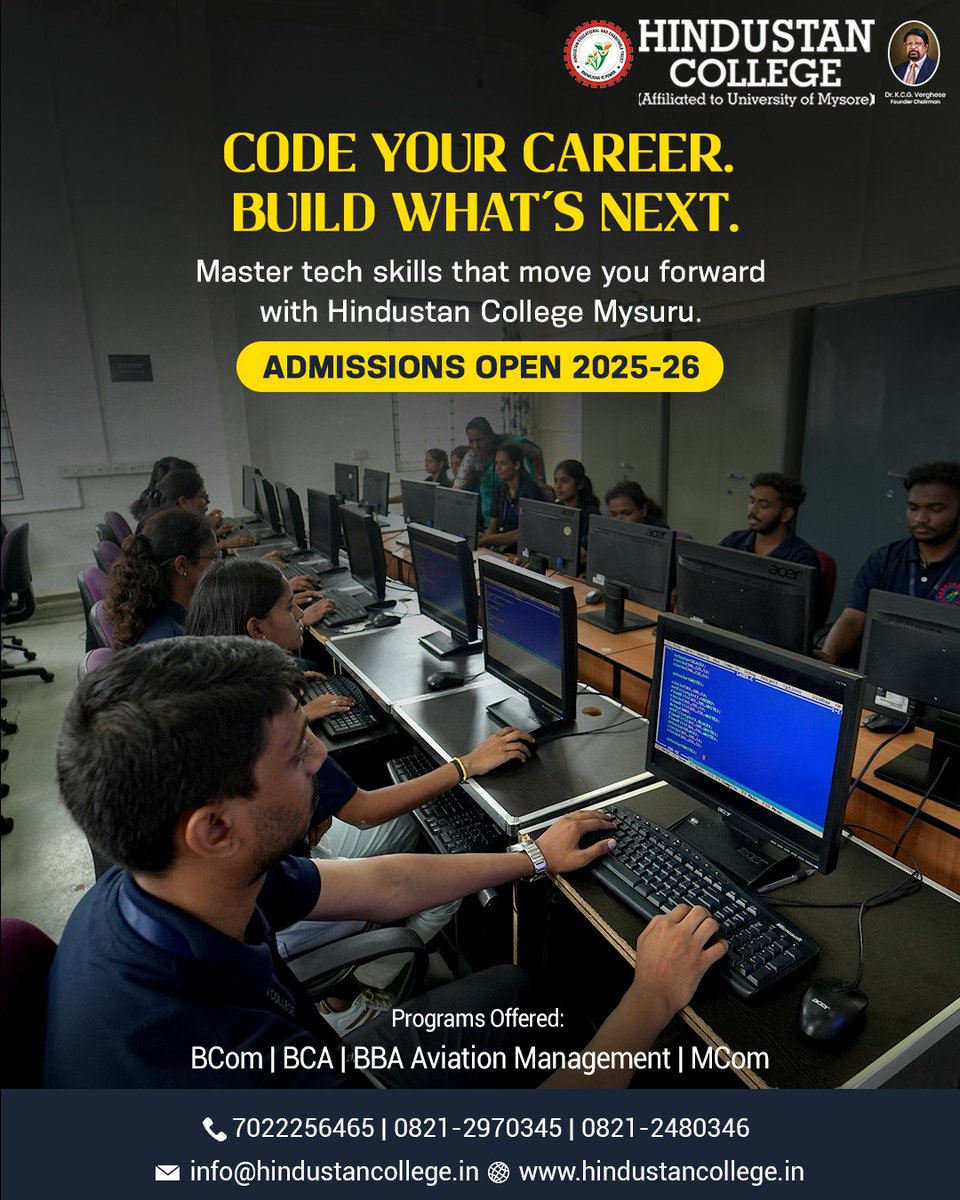 hfgcmysore's tweet photo. Code your future with confidence. #HindustanCollegeMysuru invites aspiring tech minds to join the #BachelorOfComputerApplications (#BCA) program for the academic year 2025–26.

#BCAAdmissions #TechEducation #HindustanCollegeMysuru #FutureInCode #ITCareers #ComputerApplications https://t.co/kz6BqcPBBq