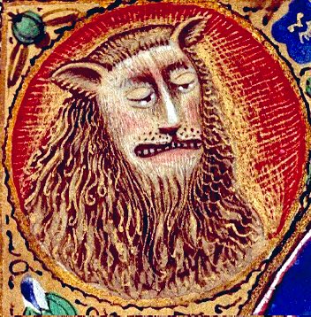 The head of a lion done by a medieval artist that had never seen one from the front   -   15th century, Clermont-Ferrand. Bibliothèque du Patrimoine, MS 84, f. 27r