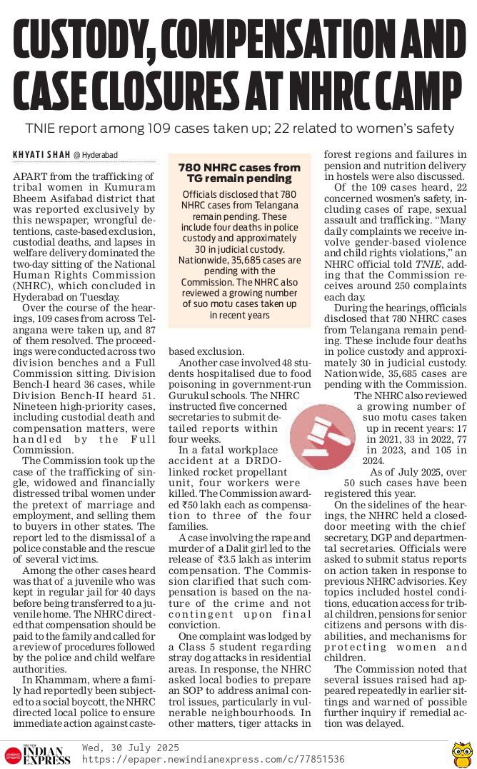 Khyati Shah (@writetokhyati) on Twitter photo The two-day sitting of the NHRC was dominated by issues including the trafficking of tribal women in Kumuram Bheem Asifabad district (reported exclusively by <a href="/XpressHyderabad/">TNIE Telangana</a> ), wrongful detentions, caste-based exclusion, custodial deaths, and lapses in welfare delivery.
Read The two-day sitting of the NHRC was dominated by issues including the trafficking of tribal women in Kumuram Bheem Asifabad district (reported exclusively by <a href="/XpressHyderabad/">TNIE Telangana</a> ), wrongful detentions, caste-based exclusion, custodial deaths, and lapses in welfare delivery.
Read
