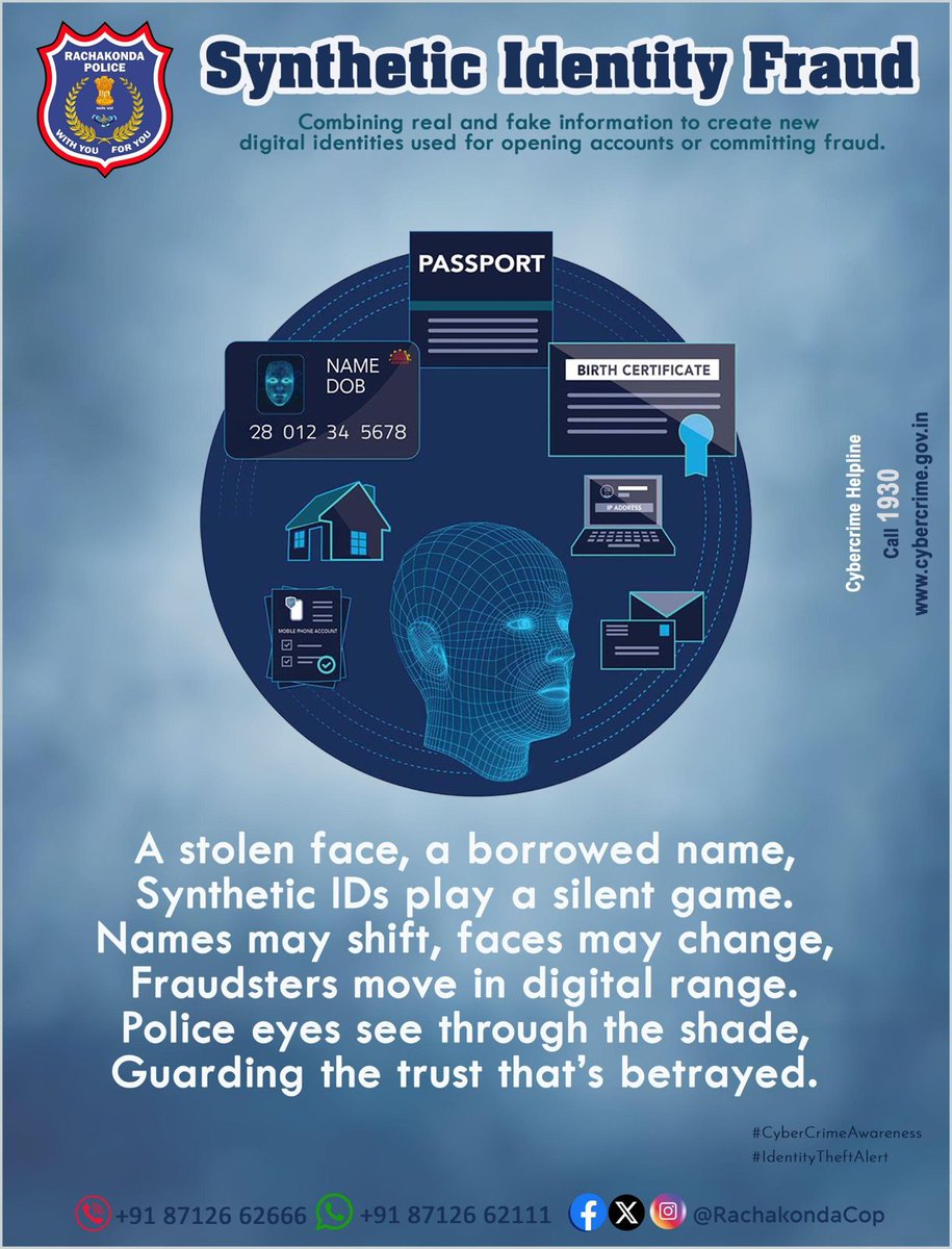 📷 A stolen face, a borrowed name…
📷 Synthetic IDs play a silent game.
📷 Names may shift, faces may change
📷 Fraudsters move in digital range.
📷 Police eyes see through the shade
📷 Guarding trust, justice never delayed.
#CyberFraud #DigitalSafety #IdentityTheft #StayAlert