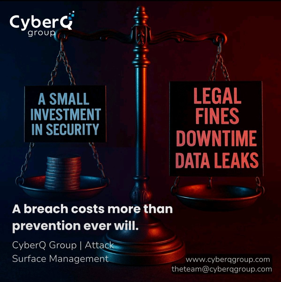💸 One breach. One missed asset. One oversight.
 
That’s all it takes.

The cost of inaction? Reputation loss. Legal fines. Downtime.
CyberQ Group's ASM helps you catch risks early—before they become expensive mistakes.

💡 Proactive is always cheaper than reactive.

Prevent