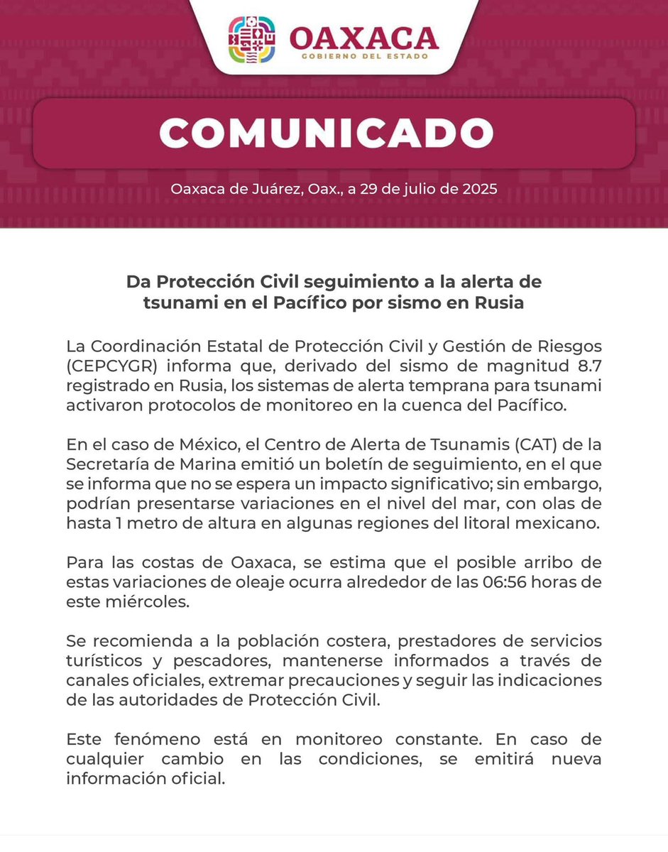 Alertan por variaciones en el nivel del mar y oleaje elevado en costas del Pacífico.

En Oaxaca, Protección Civil, estimó que los efectos mencionados ocurran alrededor de las 06:56 horas de este miércoles.