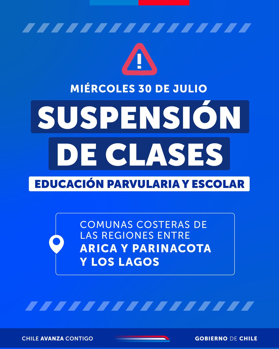 Tras Cogrid Nacional, las autoridades de Gobierno informaron Estado de Alerta desde la Región de Arica y Parinacota hasta la Región de Los Lagos por amenaza de tsunami. Por ello, se definió la suspensión de clases de los sistemas de educación parvularia y escolar de las comunas