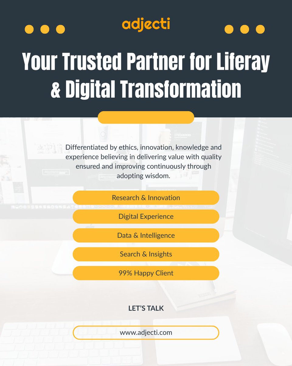 AdjectiSolution's tweet image. Choose Adjecti for domain expertise, tailored solutions, and agile delivery in Liferay Development and Digital Experience solutions. Our success stories speak for themselves!

#AdjectiAdvantage #liferayexperts #DigitalExperience #TechConsulting