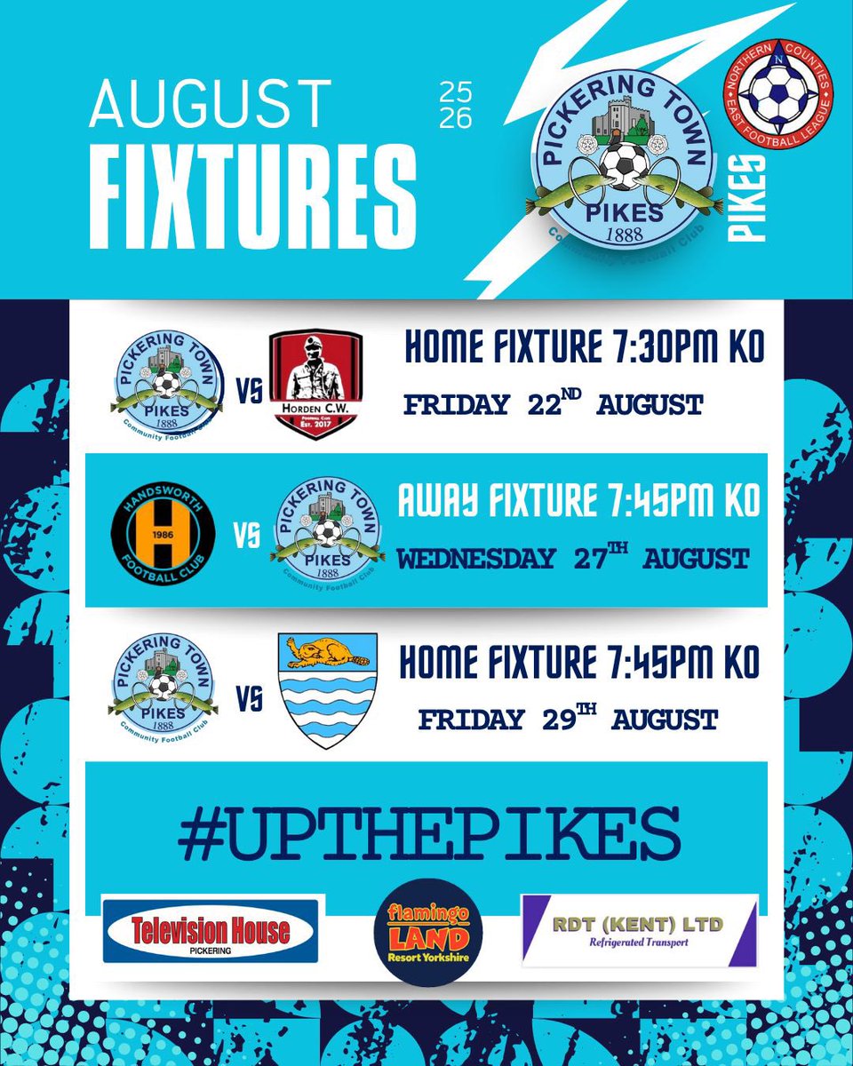 Pickering Town FC (@pickeringtownfc) on Twitter photo AUGUST FIXTURES | โคต๏ธ
Our fixtures for the first month of the season ๐
We look forward to hosting <a href="/golcarunited/">Golcar United A.F.C</a> <a href="/bevtownfc/">Beverley Town FC</a> <a href="/sheffieldfc/">Sheffield Football Club</a> <a href="/HordenCWFC/">Horden Community Welfare FC</a>
Link for the full set of fixtures: ncefl.org.uk/teams/pickerinโฆ
Come along and support the lads.
#UpThePikes ๐ AUGUST FIXTURES | โคต๏ธ
Our fixtures for the first month of the season ๐
We look forward to hosting <a href="/golcarunited/">Golcar United A.F.C</a> <a href="/bevtownfc/">Beverley Town FC</a> <a href="/sheffieldfc/">Sheffield Football Club</a> <a href="/HordenCWFC/">Horden Community Welfare FC</a>
Link for the full set of fixtures: ncefl.org.uk/teams/pickerinโฆ
Come along and support the lads.
#UpThePikes ๐