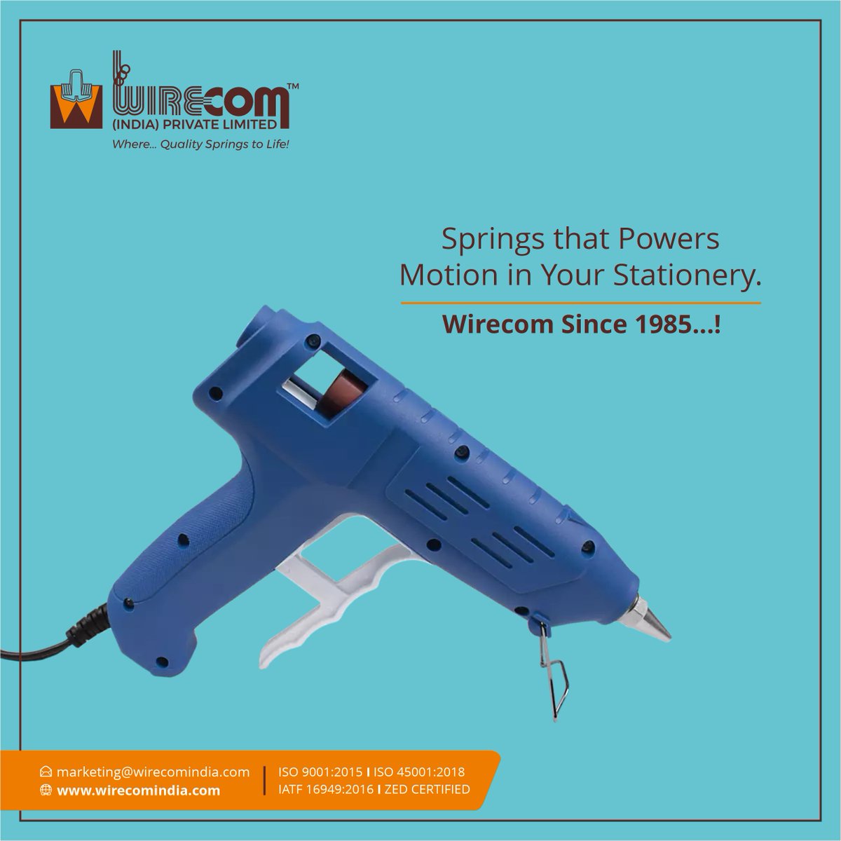 WirecomIndia's tweet image. Wirecom India supplies precision springs to Glue Gun which is used in stationery. A spring is used in Glue Gun to return the trigger to its resting position after it's been squeezed to dispense glue.

#spring #springs #compressionspring #industrialspring #springmanufacturer
