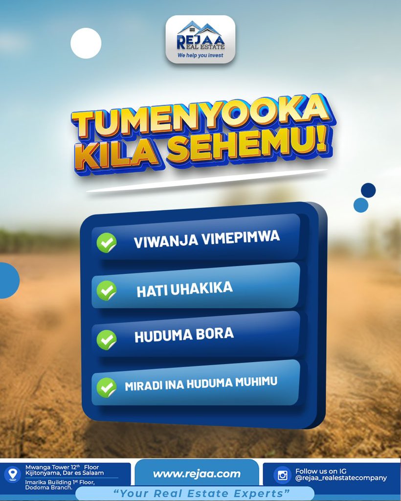 OFA YA 77 Inaendelea💥💥
Viwanja Nala-PazuriHomes DODOMA
Vipo Mita 100 tu kutoka LAMI
Dakika 25 tu kutoka (Nyerere square)

SQM 1 ni 20,000 Cash (siku 90)
SQM 1 ni 23,000 ( Instalments 12
Anza na 2,070,000 tu

Tuko Makumbusho- Mwanga Tower 
Floor ya 12

0745124138

Karibuni Sana