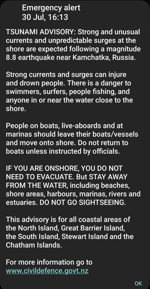 New Zealand issues tsunami advisory for all coastal areas of North Island, Great Barrier Island, South Island, Stewart Island and Chatham Islands

#Russia #Russian #Hawaii #japan #earthquake #Tsunami