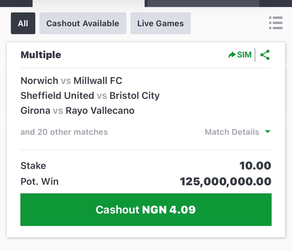 10 To win ₦125 millionaire long  shot spreadsheet here on Sportybet..

code: TNR2ZJ