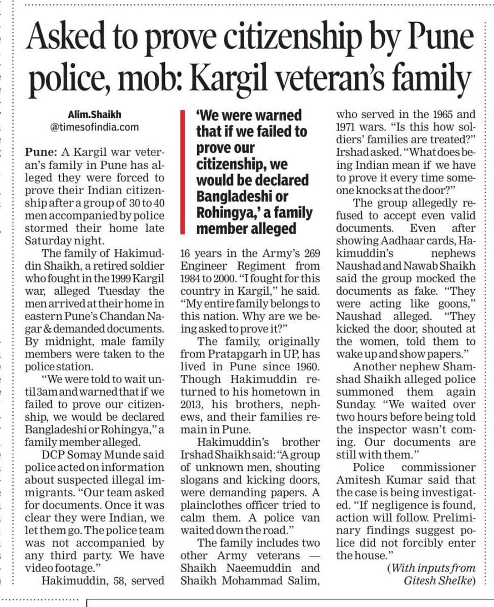 “I (Hakimuddin  Shaikh) fought for this country in Kargil.”

“My entire family belongs to this nation. Why are we being asked to prove it?”

Today's TOI.