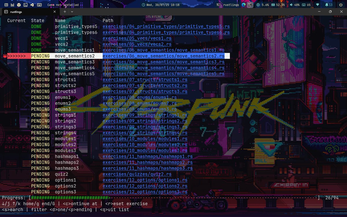 abhishekdotapp's tweet image. Learning Rust and practicing with Rustlings Making good progress. 🚀
#Rust