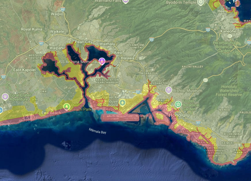 Predicted Inundation map for the Honolulu, Hawaii metro area.

If the tsunami waves wrap around Oahu, about 1/4 of the city may be inundated. This is your last chance to go inland and/or seek higher ground if you're in the area!

This is an extremely dangerous situation!