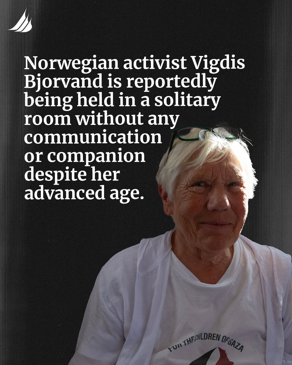 GazaFFlotilla's tweet image. Vigdis is a 70-year-old grandmother and activist who has sailed and been abducted on board the #Handala. 
She is on a hunger strike against the illegal seizure and abduction of the ship and its 21 volunteers, the illegal blockade and famine that Israel is imposing against the…