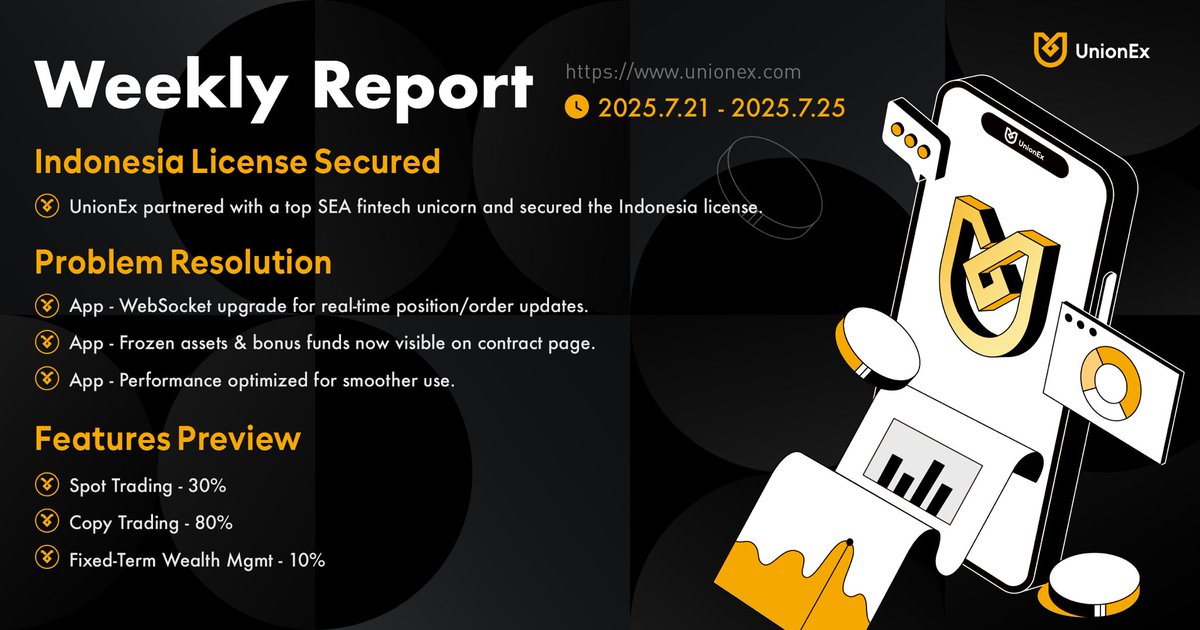 🚀✨ UnionEx Weekly Report | July 21 - July 25 📅

Curious about the latest at UnionEx from last week? 🔎

👉 Trade Now: unionex.com/inviteRegister…

#UnionEx #Crypto #Web3 #WeeklyReport