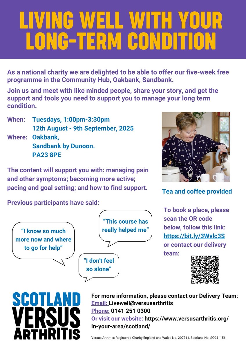 Starting soon at the Oakbank, in Sandbank - Join us for our five-week Self Management Course to learn more about how to manage your long-term condition, in a welcoming and supportive environment. Please book your place here: bit.ly/3Wvlc3S