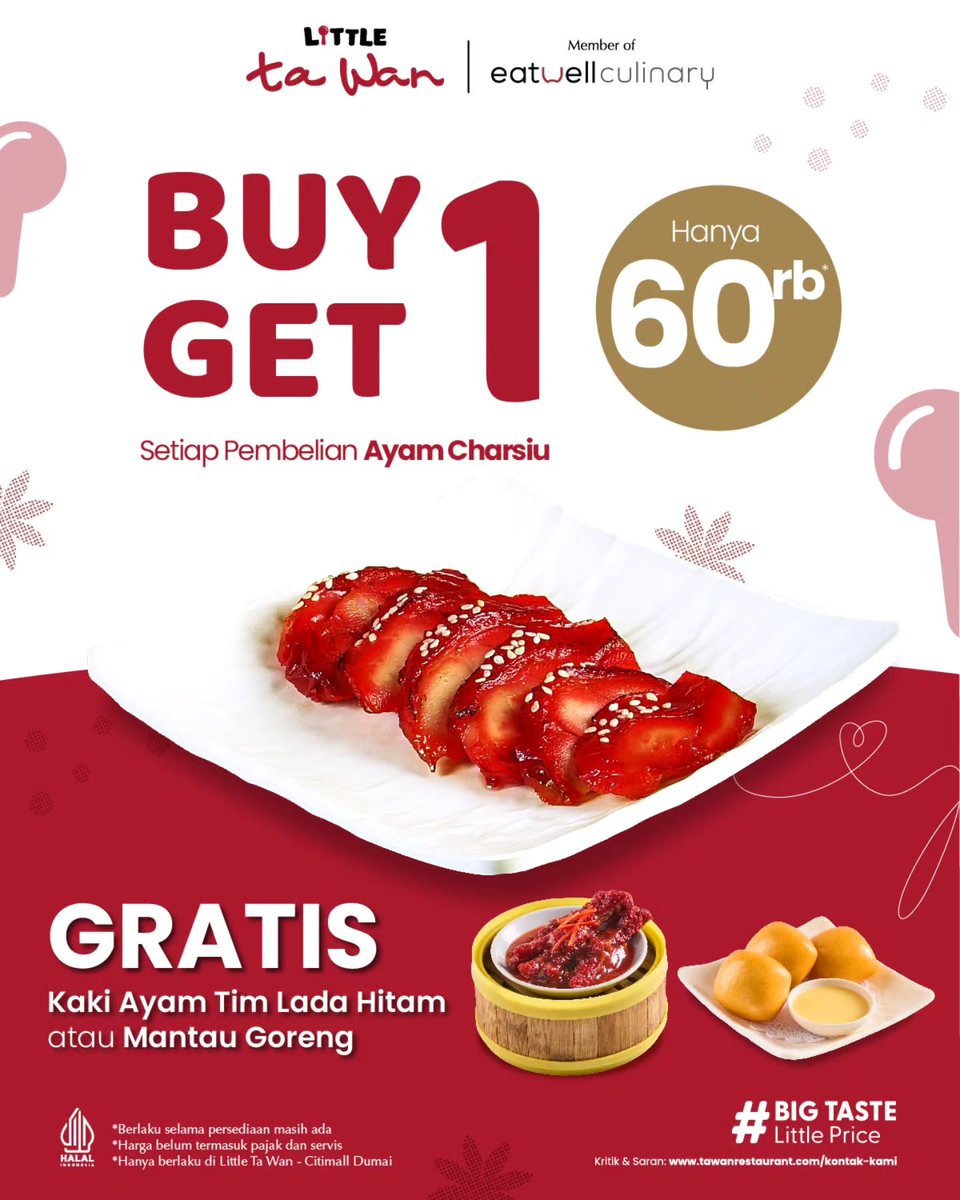 GetDiskon's tweet photo. Cukup dengan Rp 60.000*, nikmati gurihnya Ayam Goreng Charsiu dan dapatkan bonus pilihan: Mantau Goreng yang gurih manis atau Kaki Ayam Tim Lada Hitam yang lembut dan kaya rasa.

https://t.co/OFIE9UsuJ6

#TAWAN #GETDISKON #PROMO https://t.co/sGHzZAYpYF