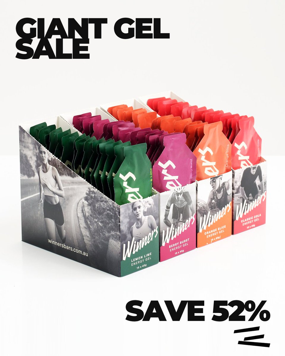 Our Giant Gel Sale is on now, providing special pricing across our range of Energy Gels - including 45 x Energy Gels for $65!

Offer is available for a strictly limited time and while stocks last. 
Head to winnersbars.com.au for full details.
