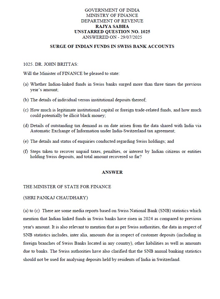 JohnBrittas's tweet image. Indian deposits in Swiss banks reportedly tripled in 2024.
Over ₹35,000 crore in tax and penalty demands raised in the last 10 years under the Black Money Act. Recovery so far? Just ₹338 crore!!. What happened to the grand crackdown on black money?
