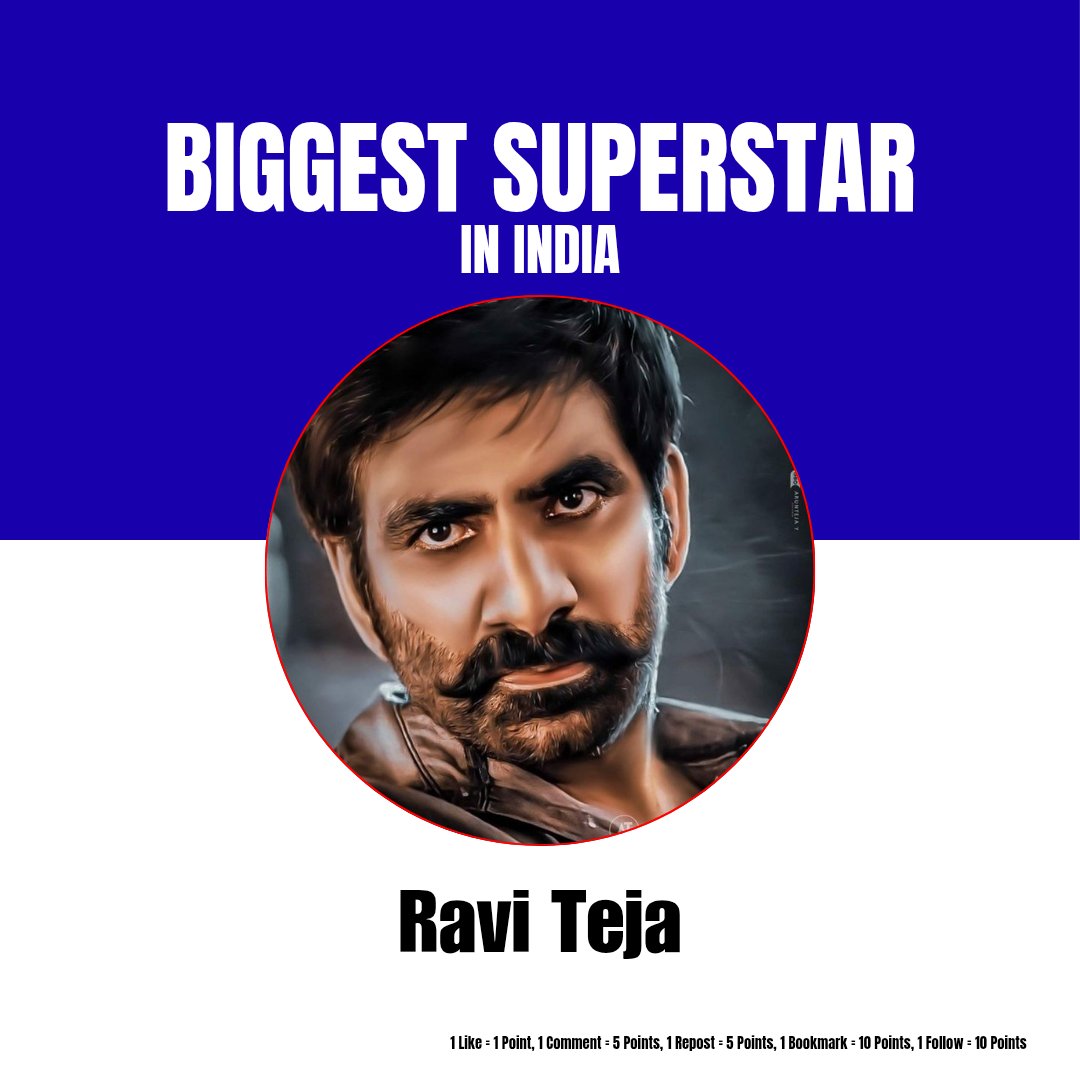 National Poll: BIGGEST SUPERSTAR IN INDIA 🏆

Vote if you Support - <a href="/RaviTeja_offl/">Ravi Teja</a> #MassJathara

1 Like = 1 Point 
1 Reply = 5 Points 
1 Repost = 10 Points 
1 Follow = 10 Points 
1 Bookmark = 5 Points 

Winner Announcement On August 1st At 6 PM
