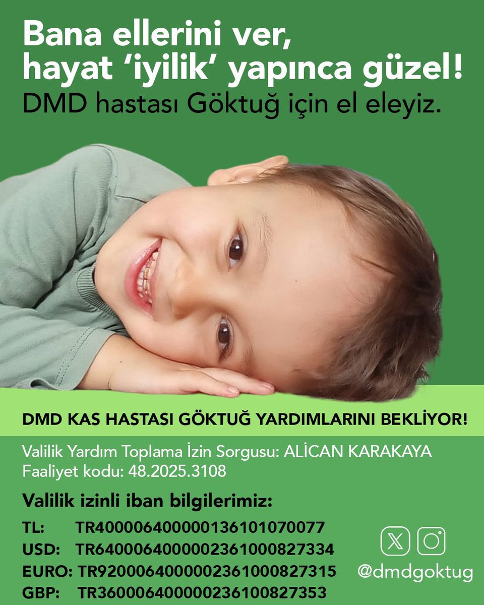 Haydi bugün hem Göktuğ’a hem kendimize bir iyilik yapalım 😊 Ufak bir bağış Göktuğ’un hayatı için çok şey demek. 4 yaşında bir çocuğun DMD ile mücadelesinde ona destek olalım.

Hesap bilgileri yorumda 😊

#deprem
#tsunami
#japonya