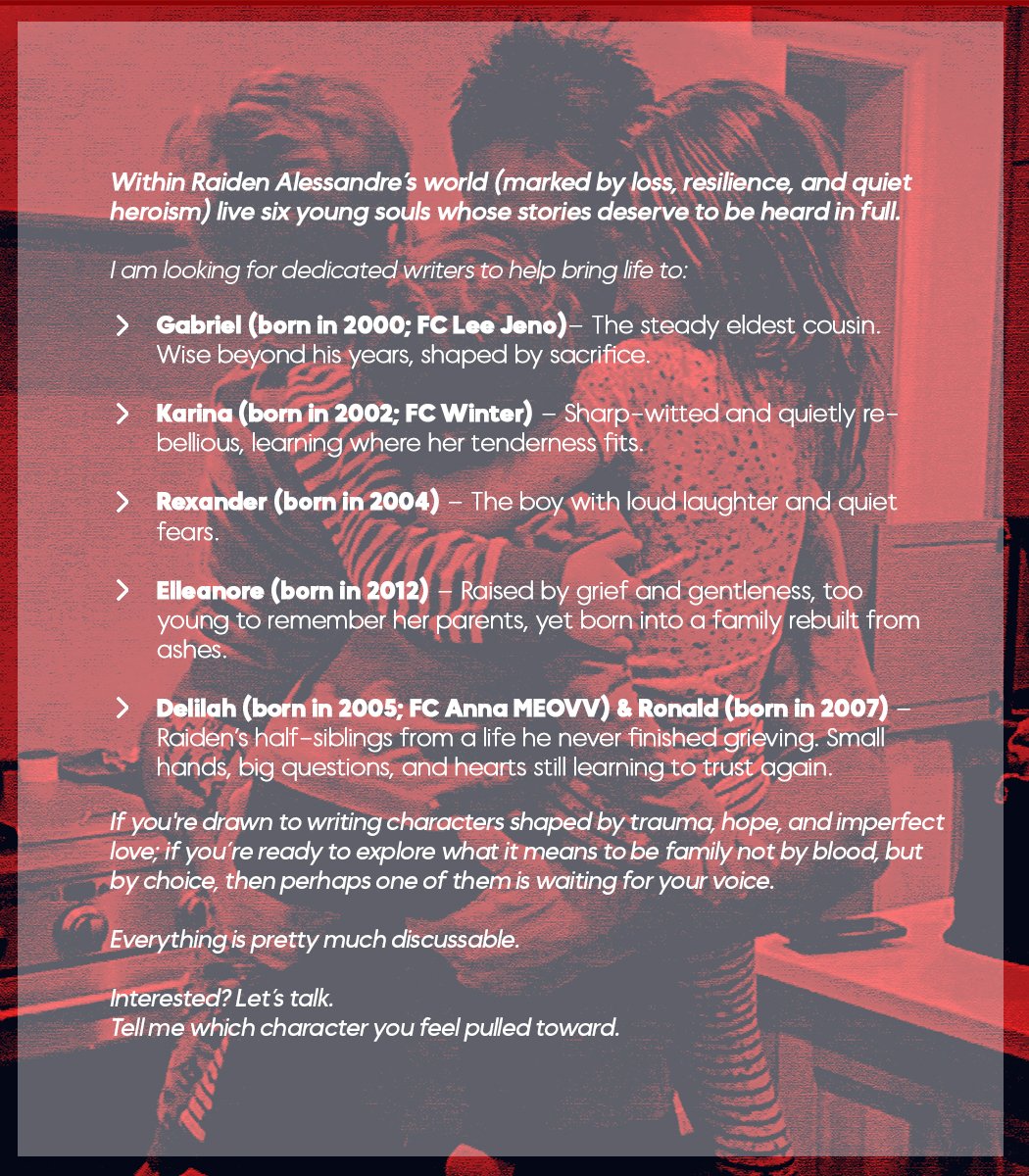 [RETWEET WILL BE APPRECIATED.]   FAMILY RELATION WANTED. 

Help me to bring Raiden's found family to life. 6 characters, 6 untold stories. One of them might be waiting for your voice. DM if you feel the pull.