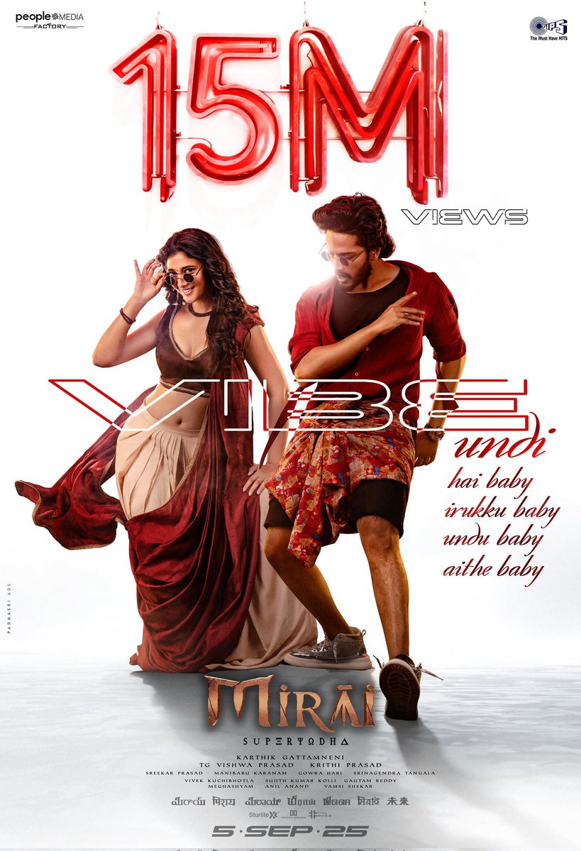 phanikandukuri1's tweet photo. The Vibe of #Mirai's GenZ Melody is just unstoppable π€©π«
1οΈβ£5οΈβ£ MILLION+ Views for #MiraiFirstSingle & TRENDING TOP On Youtube ππ₯
β https://t.co/3dSpiRTt4D
#VibeUndi #VibeHaiBaby #VibeIrukkuBaby #VibeAitheBaby #VibeUnduBaby
A @GowrahariK Musical π΅
In cinemas SEP 5th, 2025.
SuperHero @tejasajja123
Rocking Star @HeroManoj1
@RitikaNayak_ @Karthik_gatta @vishwaprasadtg #KrithiPrasad @peoplemediafcy @ArmaanMalik22 @kk_lyricist #RiturrajTripathii @PolakiVijay #SaiCharanBhaskaruni #DMohanKumar #ManuVardhan #VaradarajChikkaballapura @vivekkuchibotla @sujithkolli @manibkaranam @Srinagendra_Art @iammeghasyam @tipsofficial @tipsmusicsouth #SuperYodha