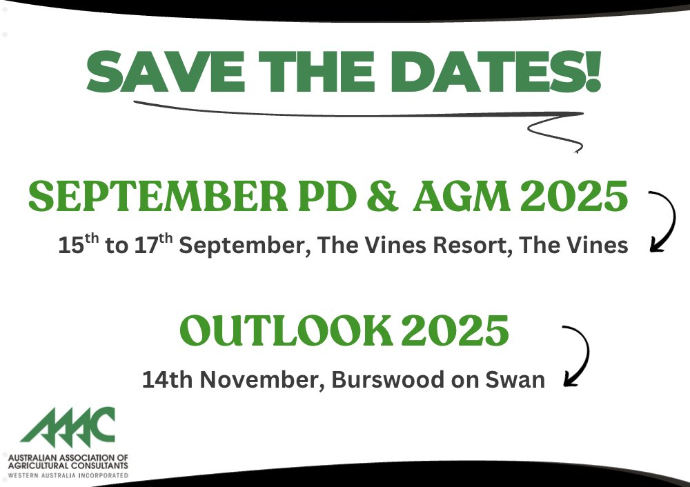 Save the dates! September is just around the corner and so are two of our key AAAC events: 
AAAC September PD Day &amp; AGM
OUTLOOK 2025 
Lock them in, you won’t want to miss them! More details and full program to come soon. 
#AAAC #Outlook2025 #AgEvents