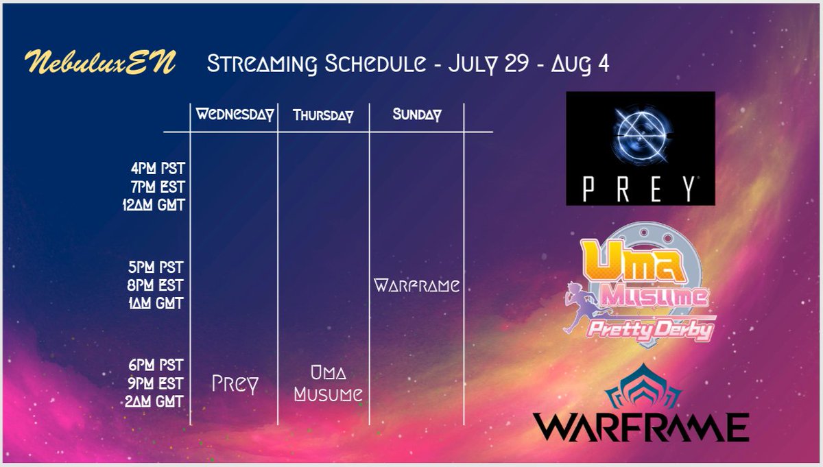 Only 3 streams this week, but <a href="/Calmage/">Katboimage</a> will be live Friday, so go support him! Next week is my birthday week, and may or may not start the bday subathon!!
Wed: #Prey 
Thurs: #umamusumeprettyderby 
Sun: #TennoCreate #Warframe 
#NebuluxTransmission #vtuber #ENVtuber #VtuberEN