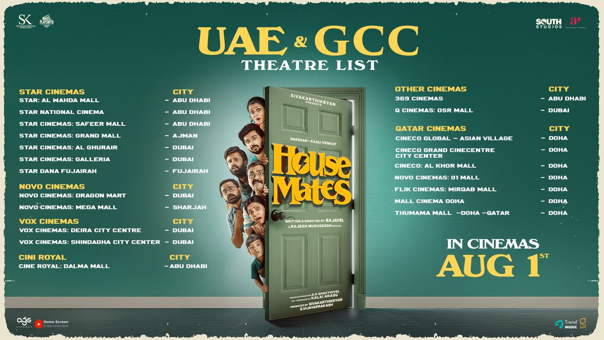 Home Screen Entertainment (@homescreenent) on Twitter photo Two families. One shared nightmare.
You can witness the mystery unfold in these theatres from August 1st — Check the full theatre list of UAE, Qatar and book your tickets for #Housemates now!
#HousematesFromAug1
<a href="/SKProdOffl/">Sivakarthikeyan Productions</a> <a href="/Siva_Kartikeyan/">Sivakarthikeyan</a> <a href="/KalaiArasu_/">Kalai Arasu</a> <a href="/archanakalpathi/">Archana Kalpathi</a> Two families. One shared nightmare.
You can witness the mystery unfold in these theatres from August 1st — Check the full theatre list of UAE, Qatar and book your tickets for #Housemates now!
#HousematesFromAug1
<a href="/SKProdOffl/">Sivakarthikeyan Productions</a> <a href="/Siva_Kartikeyan/">Sivakarthikeyan</a> <a href="/KalaiArasu_/">Kalai Arasu</a> <a href="/archanakalpathi/">Archana Kalpathi</a>