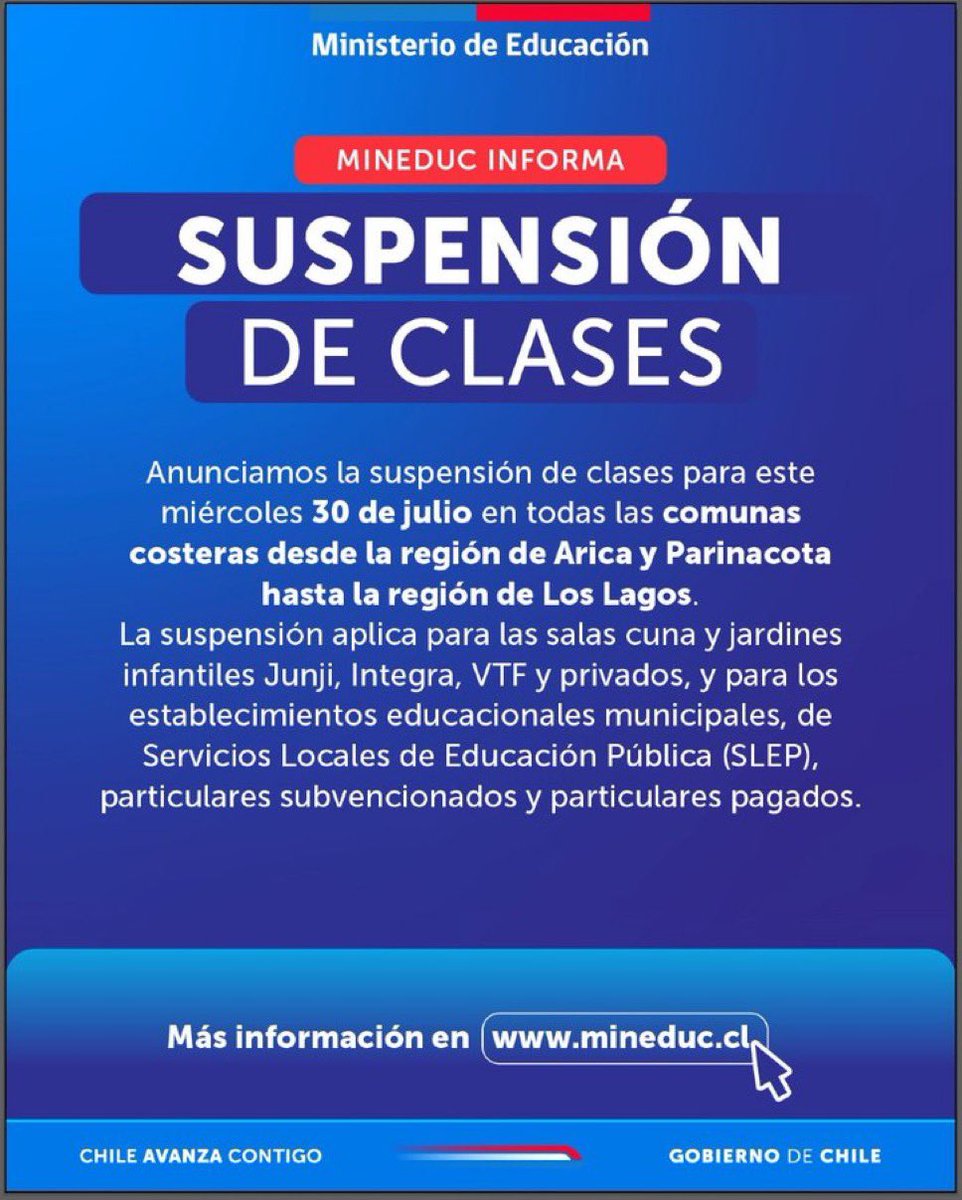 TuiteroSismico's tweet image. CHILE Anuncian suspensión de clases en comunas del borde costero de las regiones de Arica y Parinacota hasta Los Lagos por alerta de tsunami