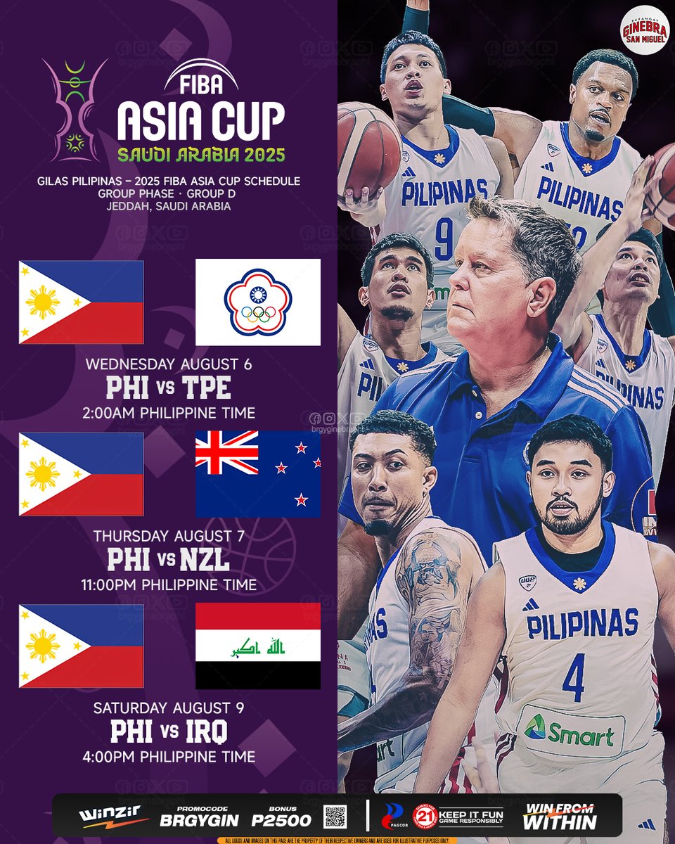 Barangay Ginebra San Miguel (@brgyginebraphl) on Twitter photo π΅π GILAS PILIPINAS β 2025 FIBA ASIA CUP SCHEDULE
π Group Phase | Jeddah, Saudi Arabia
Mga Kabarangay at Kababayan, mark your calendars and set those alarms β°βoras na para ipakita ang puso ng Pilipino sa international stage! π΅ππͺ
π
 August 6 (Wednesday) β π 2:00 AM (PH Time) π΅π GILAS PILIPINAS β 2025 FIBA ASIA CUP SCHEDULE
π Group Phase | Jeddah, Saudi Arabia
Mga Kabarangay at Kababayan, mark your calendars and set those alarms β°βoras na para ipakita ang puso ng Pilipino sa international stage! π΅ππͺ
π
 August 6 (Wednesday) β π 2:00 AM (PH Time)