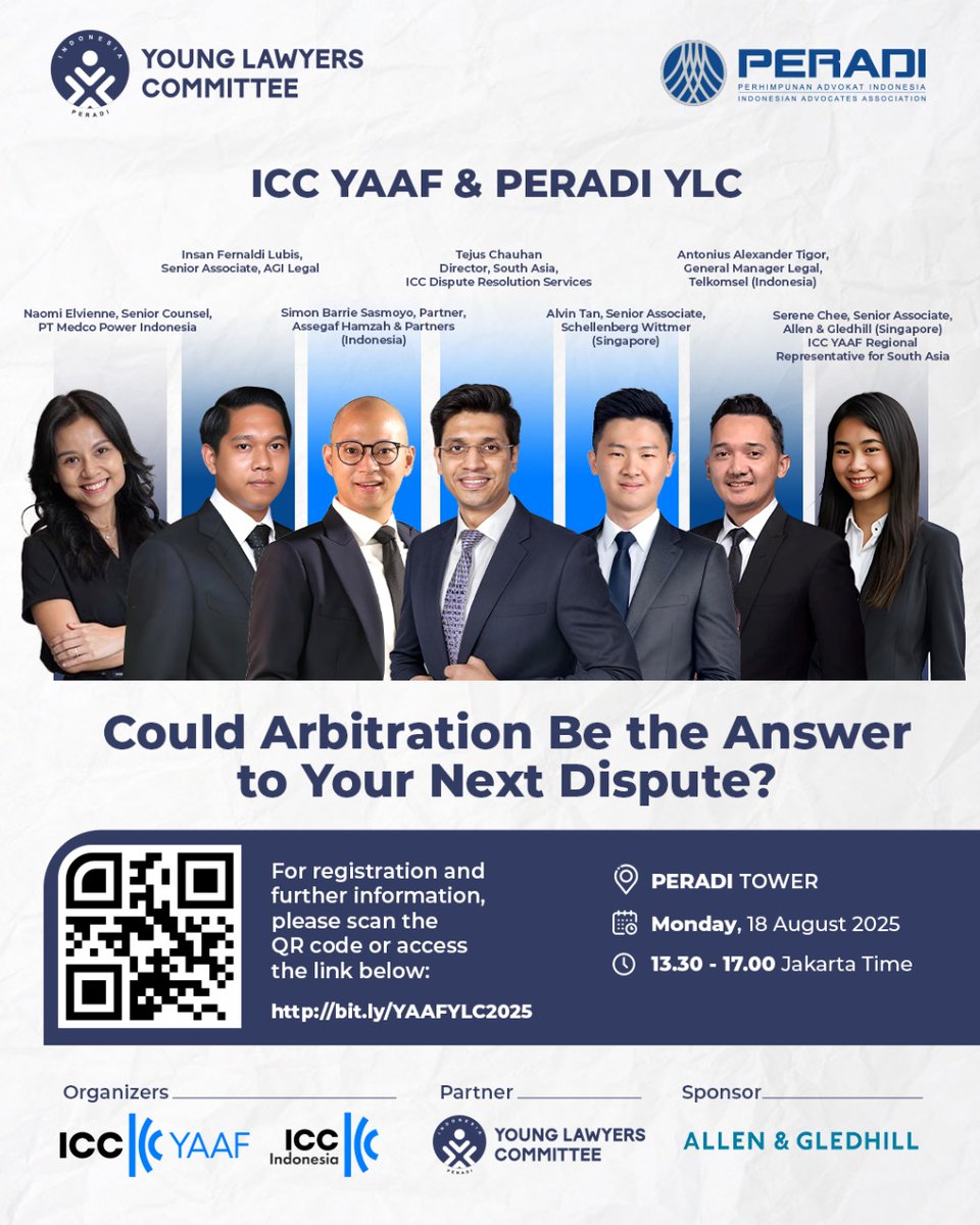 Join young legal professional, in-house counsel, and entreoreneurs from across Southeast Asia to explore the relevance of arbitration in today’s disputes and hear how the next generation is enganging with cross-border arbitration in practice.

#peradiylc
#dpnperadi
#advokat