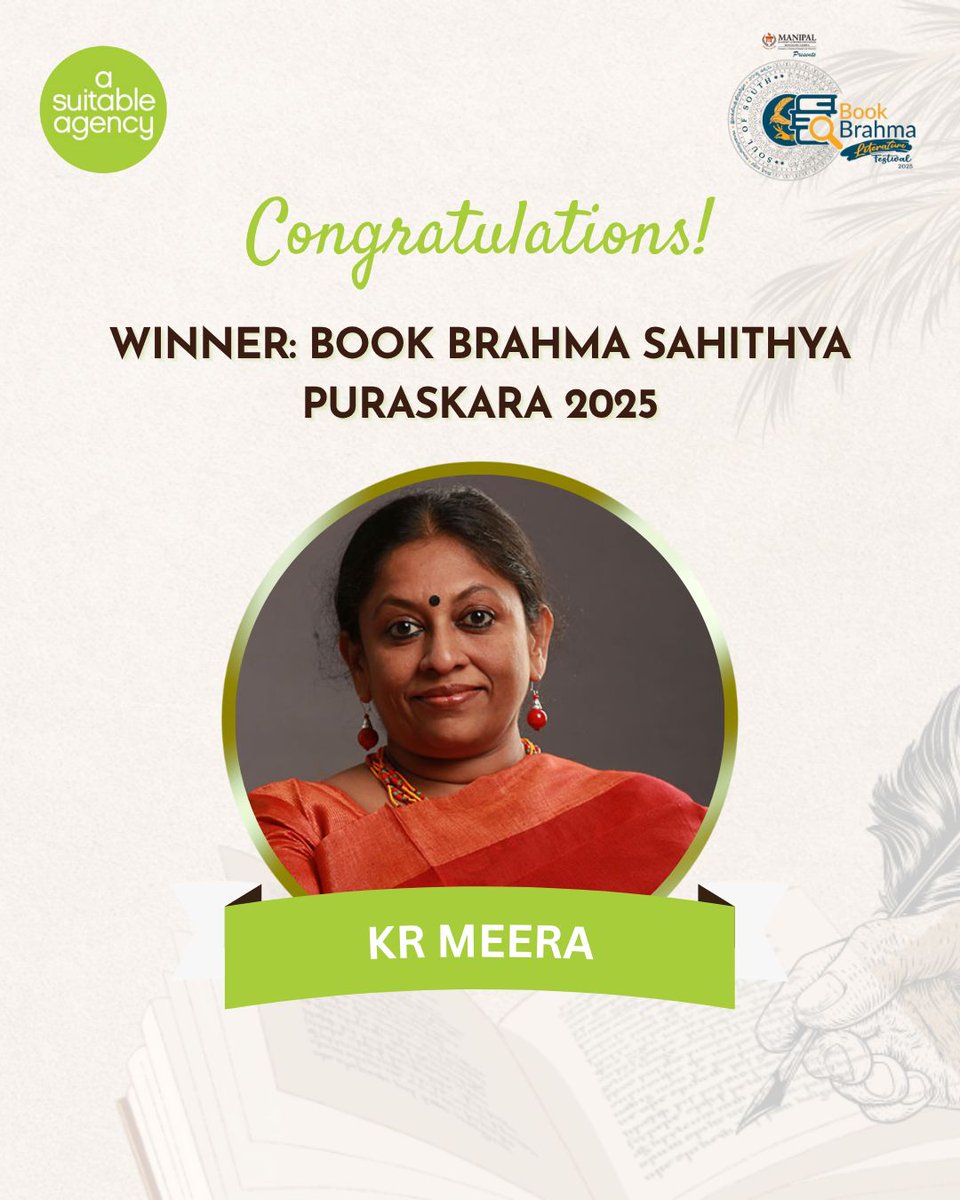 A Suitable Agency (@asuitableagency) on Twitter photo Thrilled to announce that our suitably renowned and widely acclaimed author, <a href="/krmeera1/">K.R.Meera</a> has won the prestigious Book Brahma Sahithya Puraskara 2025, instituted by the Book Brahma Foundation (<a href="/BBLitfest/">Book Brahma Literature Festival</a>).
Congratulations, KR Meera!
#BookBrahmaLiteratureFestival2025 #BBLF2025 Thrilled to announce that our suitably renowned and widely acclaimed author, <a href="/krmeera1/">K.R.Meera</a> has won the prestigious Book Brahma Sahithya Puraskara 2025, instituted by the Book Brahma Foundation (<a href="/BBLitfest/">Book Brahma Literature Festival</a>).
Congratulations, KR Meera!
#BookBrahmaLiteratureFestival2025 #BBLF2025