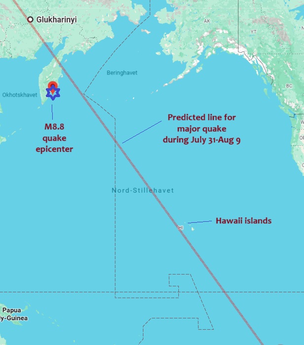 Magnitude 8.8 megaquake off the coast of Kamchatka Peninsula! Tsunami warnings are in place for the Hawaii Islands, Japan and the west coast of North America.

I had already predicted that the time period between July 24 and August 9 could bring one or even more than one big