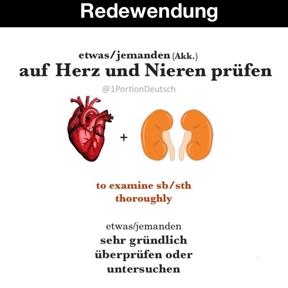 1PortionDeutsch's tweet image. #Redewendung #Deutschlernen #LearnGerman

Idiomatische Wendungen mit Körperteilen:

Beispiele
◆ Wenn ich fliege, hoffe ich immer, dass das Flugzeug auf Herz und Nieren geprüft wurde, bevor wir abheben.
◆ Die HR-Abteilung prüft Bewerber vor der Einstellung auf Herz und Nieren.