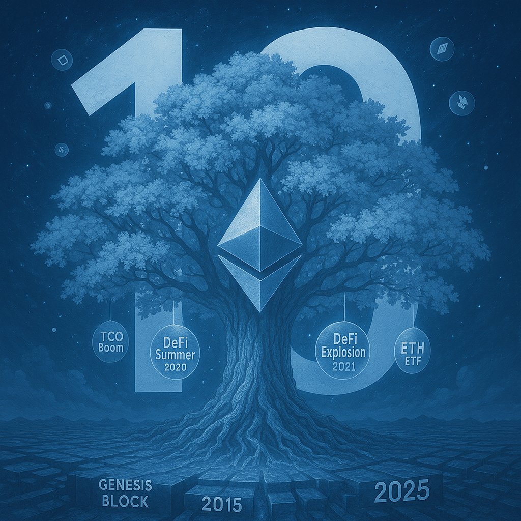 ETH十周年快乐！E卫兵的五周年快乐！
【可以去领取十周年免费纪念NFT】

⬇️十年回顾：
➡️2015年7月30日：创世区块上线，智能合约平台启动，当时ETH价格仅$0.4
➡️2016年：The DAO黑客事件引发硬分叉，诞生ETC，ETH约$12
➡️2017-2018年：ICO热潮推高ETH至$1432，DeFi、NFT雏形浮现