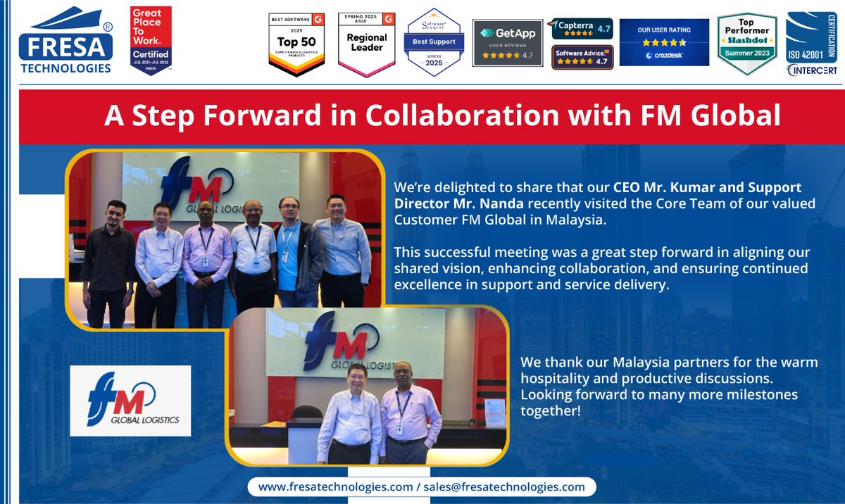 fresatechnology's tweet photo. A Step Forward in Collaboration with FM Global🤝���🚀
🥇Award-Winning Software, Trusted Worldwide – Check Out Our Achievements!🏆
https://t.co/Q8tK30exxU
#FresaTechnologies #FreightSolutions #LogisticsSoftware #BusinessExcellence #FresaAIChatbot #SmartFreightAssistant #FMGlobal https://t.co/QZjnzSjQzS