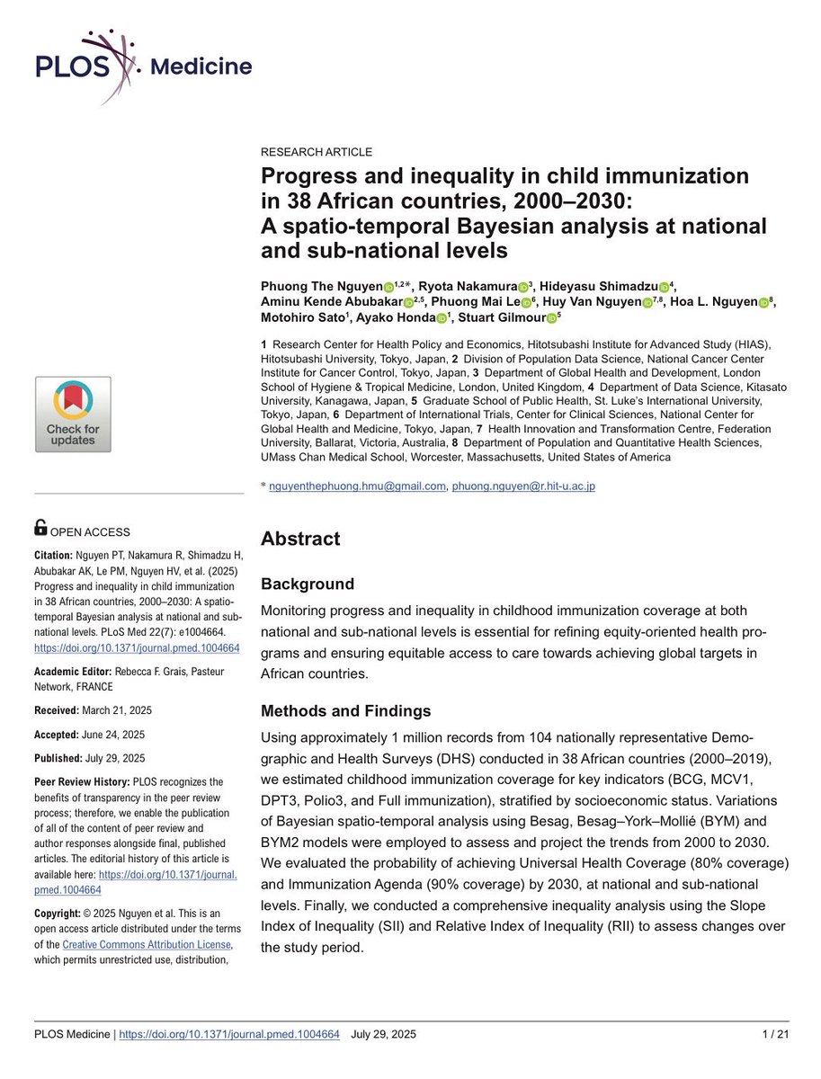 Hideyasu Shimadzu (@hshimadzu) on Twitter photo 共同論文が出ました〜
A new paper is out on <a href="/PLOSMedicine/">PLOS Medicine</a>
🇯🇵🏴🇦🇺🇺🇸
Progress and inequality in child immunization in 38 African countries, 2000–2030: A spatio-temporal Bayesian analysis at national and sub-national levels.
doi.org/10.1371/journa… 共同論文が出ました〜
A new paper is out on <a href="/PLOSMedicine/">PLOS Medicine</a>
🇯🇵🏴🇦🇺🇺🇸
Progress and inequality in child immunization in 38 African countries, 2000–2030: A spatio-temporal Bayesian analysis at national and sub-national levels.
doi.org/10.1371/journa…